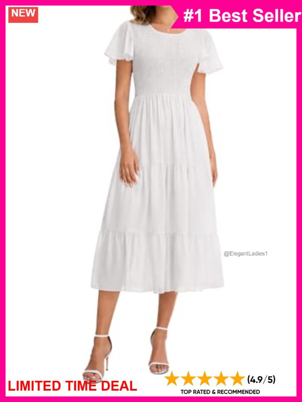 Boho Smocked Midi Dress Flutter Sleeve Tiered Chiffon Flowy